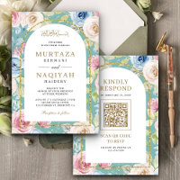 Soft Floral Gold Arch QR Code Mint Muslim Wedding