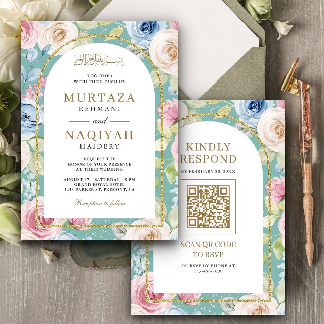 Soft Floral Gold Arch QR Code Mint Muslim Wedding Invitation (Creator Uploaded)