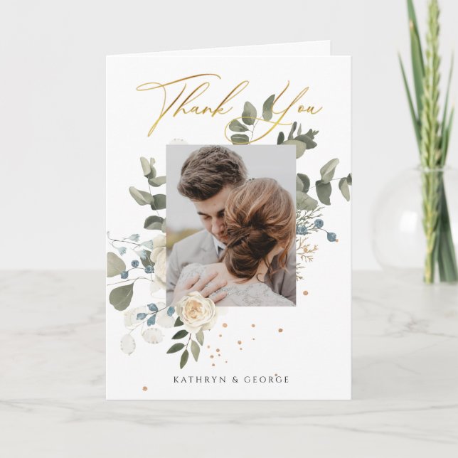 Soft Floral Gold Botanical Foliage Wedding Photo Thank You Card (Front)