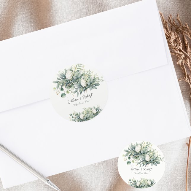 Soft Floral Greenery Gold Accent Wedding  Classic Round Sticker (Soft Floral Greenery Gold Accent Wedding Classic Round Sticker)