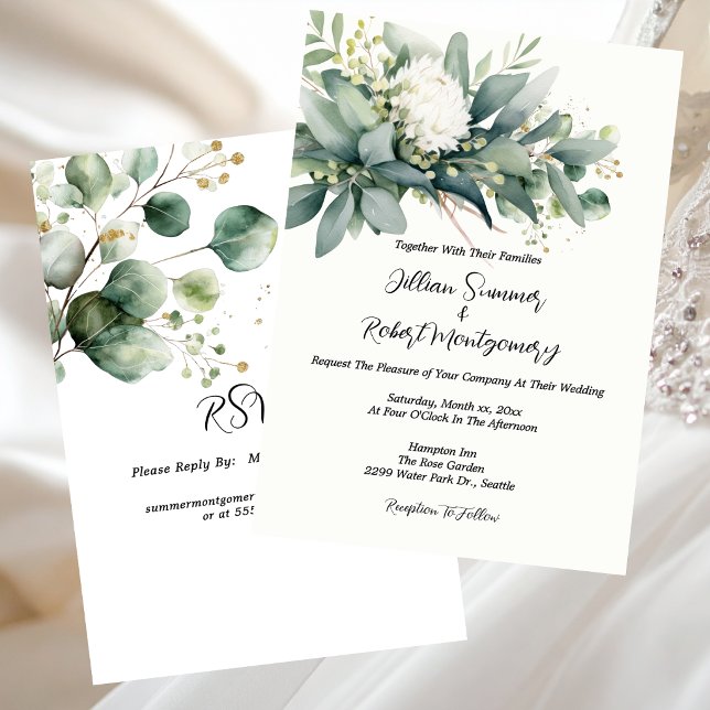 Soft Floral Greenery Gold Accent Wedding  Invitation (Soft Floral Greenery Gold Accent Wedding Invitation)