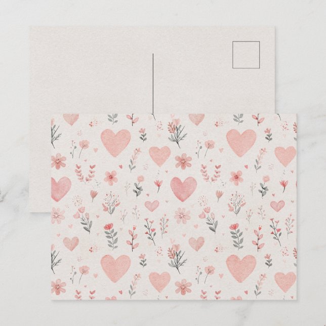 Soft Floral Hearts Pattern Postcard (Front/Back)