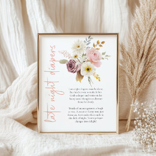 Soft Floral Late Night Diaper Baby Shower Game Poster