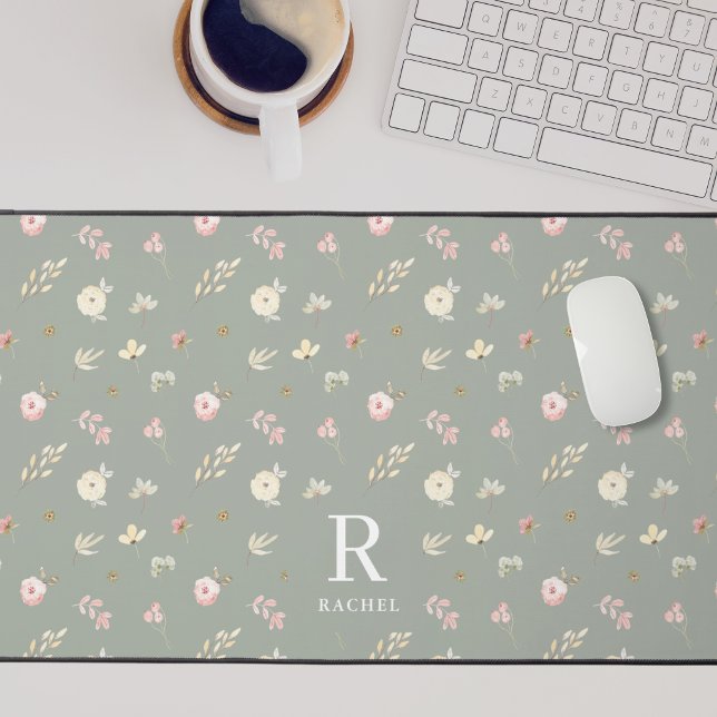 Soft Floral Muted Sage Custom Initial Monogram Desk Mat (Creator Uploaded)