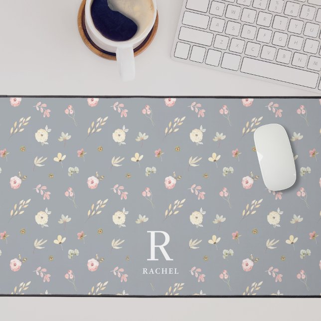 Soft Floral Neutral Grey Custom Initial Monogram Desk Mat (Creator Uploaded)