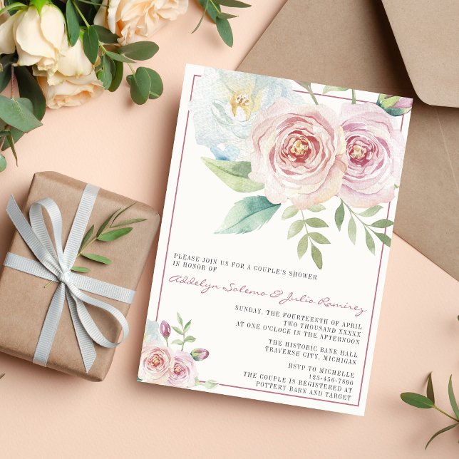 Soft Floral Romantic Greenery Mauve Couples Shower Invitation (Creator Uploaded)