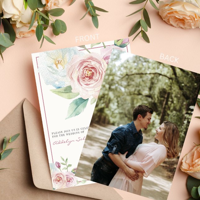 Soft Floral Romantic Greenery Pink Photo Wedding Invitation (Creator Uploaded)