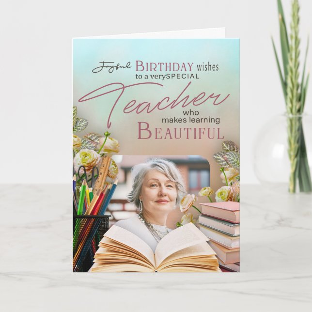 Soft Floral Teacher Birthday Keepsake Photo  Card (Front)