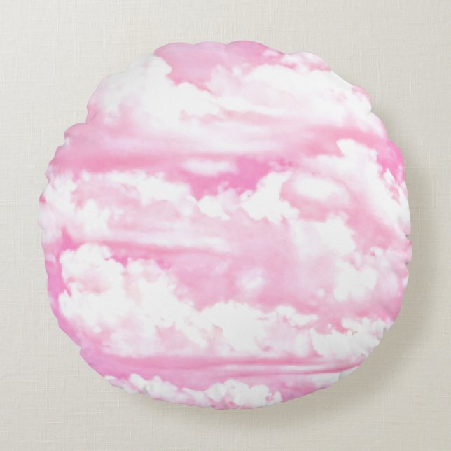 Soft Fuchsia Pink Girly Clouds Round Cushion (Front)