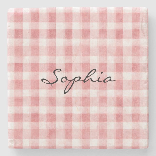 Soft Girly Pink White Plaid Stripes   Stone Coaster (Front)