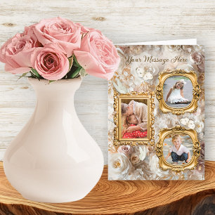 Soft Gold Baroque Floral Photo Frames Collage Holiday Card