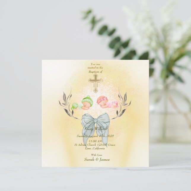  Soft gold cross Baptism  flat  invitation  (Standing Front)