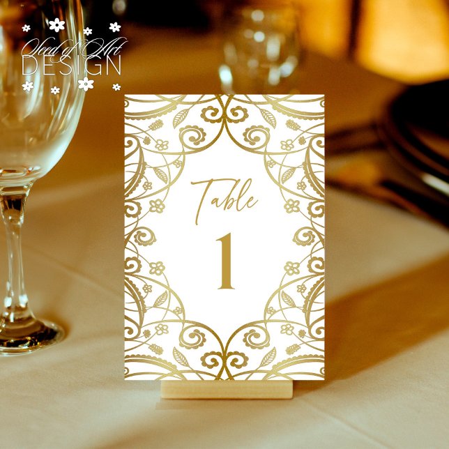Soft Gold Glitter Floral Lace Wedding Table Number (Creator Uploaded)