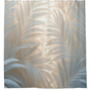 Soft gold of white tropics, pastel palm leaves shower curtain