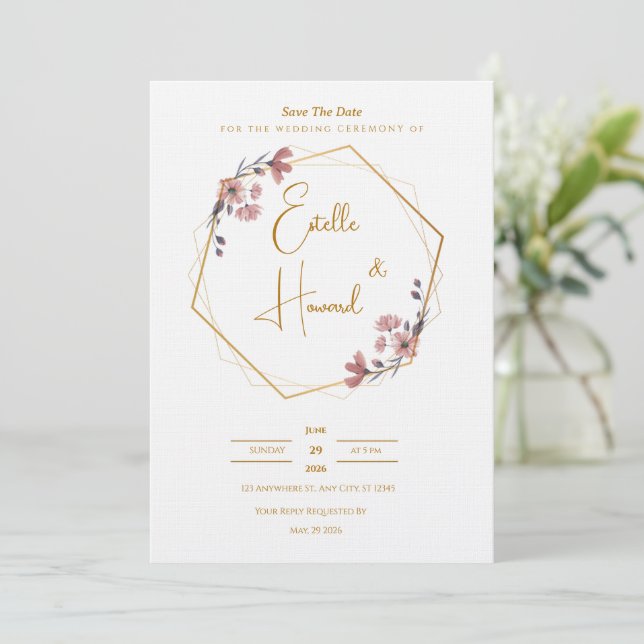 Soft Gold & Pink Floral Invite (Standing Front)