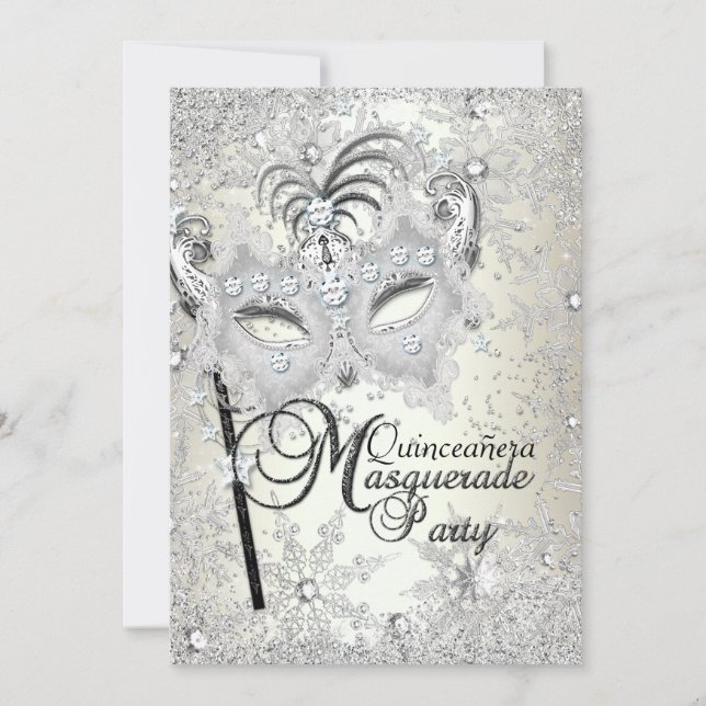 Soft Gold Snowflake Mask Masquerade Quinceanera Invitation (Front)
