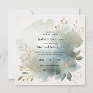 Soft Golden Dusty Blue Romance Wedding Invitation