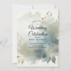 Soft Golden Dusty Blue Romance Wedding Invitation