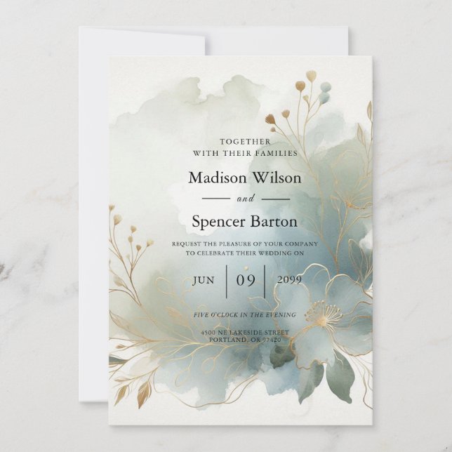 Soft Golden Dusty Blue Romance Wedding Invitation (Front)