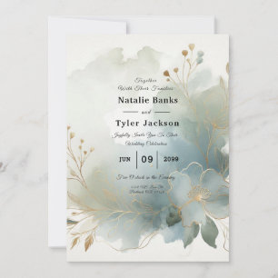 Soft Golden Dusty Blue Romance Wedding Invitation