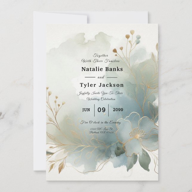 Soft Golden Dusty Blue Romance Wedding Invitation (Front)