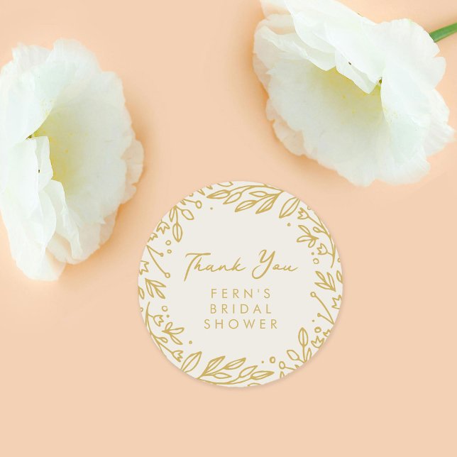 Soft Golden Garden Floral Bridal Shower Thank You Classic Round Sticker (Golden botanical Thank You stickers from the Gilded Garden bridal shower suite.)