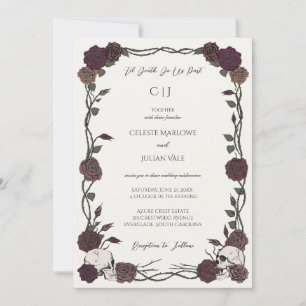 Soft Gothic Hand-Drawn Floral Skulls Ivory Wedding Invitation