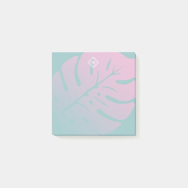 Soft Gradient Monstera Tropical Leaf Monogram Post-it Notes (Front)