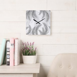 Soft Gray Black White Feather Palm Bliss 1 Square Wall Clock