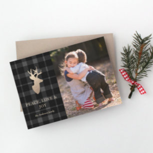 Soft Gray Plaid Golden Deer Christmas Photo Card