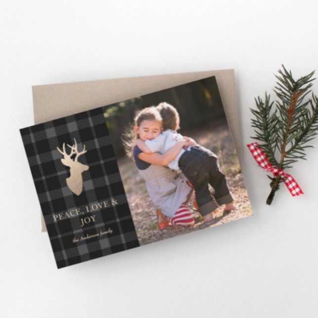 Soft Gray Plaid Golden Deer Christmas Photo Card (Creator Uploaded)