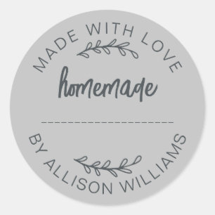 Soft Gray Script Made With Love Homemade Food Jar Classic Round Sticker