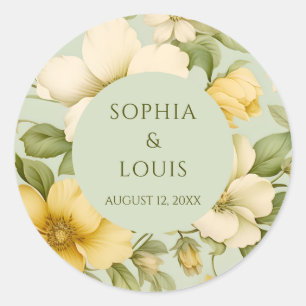 Soft green and beige flowers wedding classic round sticker