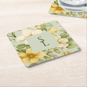 Soft green and beige flowers wedding square paper coaster