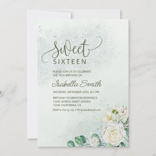 Soft Green & Blush Sweet 16 Invitation White Roses (Front)