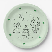 Soft Green Cute Girl and Cat Christmas Design