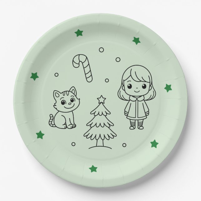 Soft Green Cute Girl and Cat Christmas Design Paper Plate (Front)