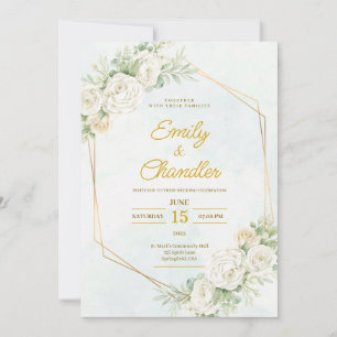 Soft Green Elegant Boho Floral Gold Modern Wedding Invitation