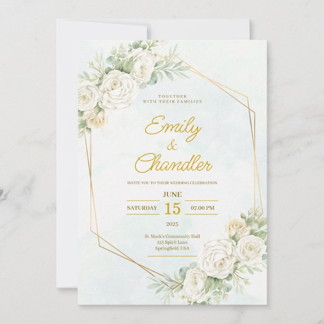 Soft Green Elegant Boho Floral Gold Modern Wedding Invitation (Front)