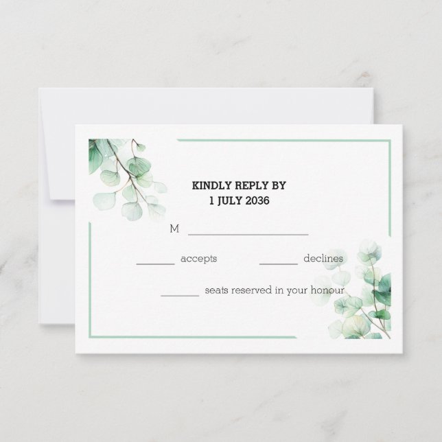 Soft Green Elegant Eucalyptus Twigs Wedding RSVP (Front)