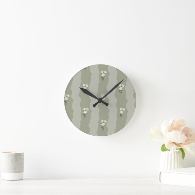 Soft Green Floral  Round Clock (Home)