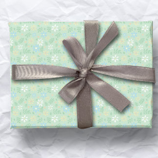 Soft Green Floral with White Blue Yellow Flowers  Wrapping Paper
