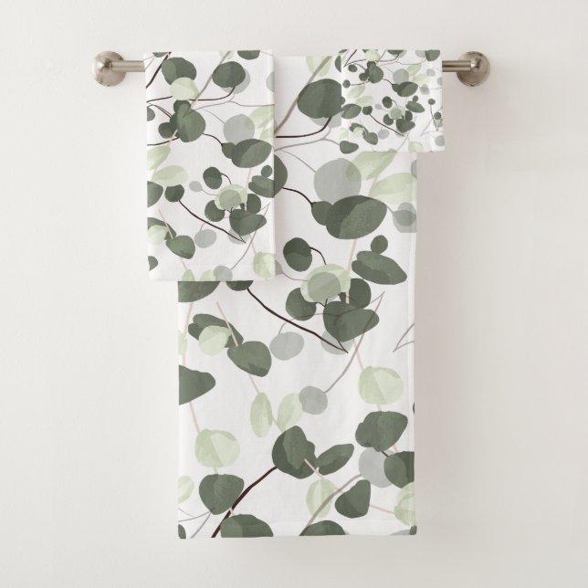 Soft Green Fresh Eucalyptus leaves pattern Bath Towel Set (Insitu)