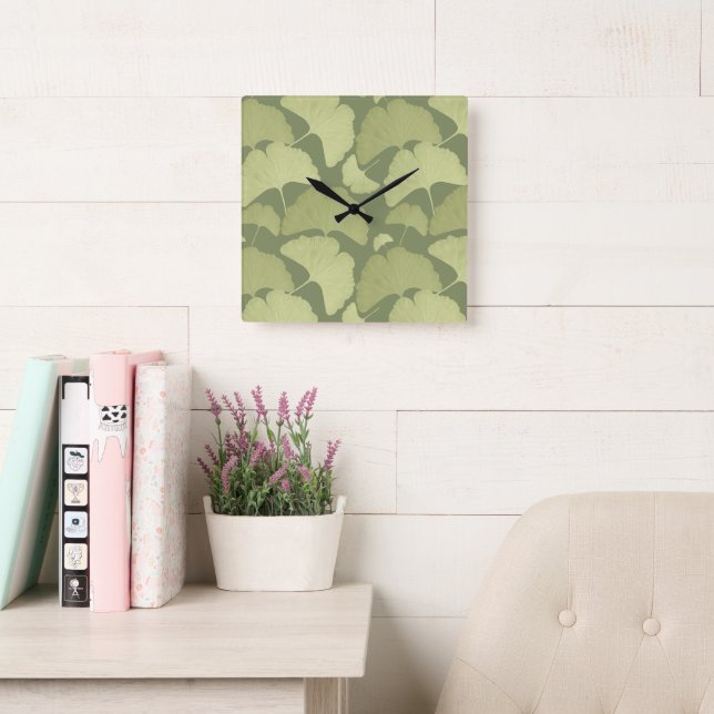 Soft Green Ginkgo Botanical Dream 1 Square Wall Clock (Reading Room)