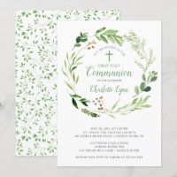 Soft Green Leaf First Communion Invitation