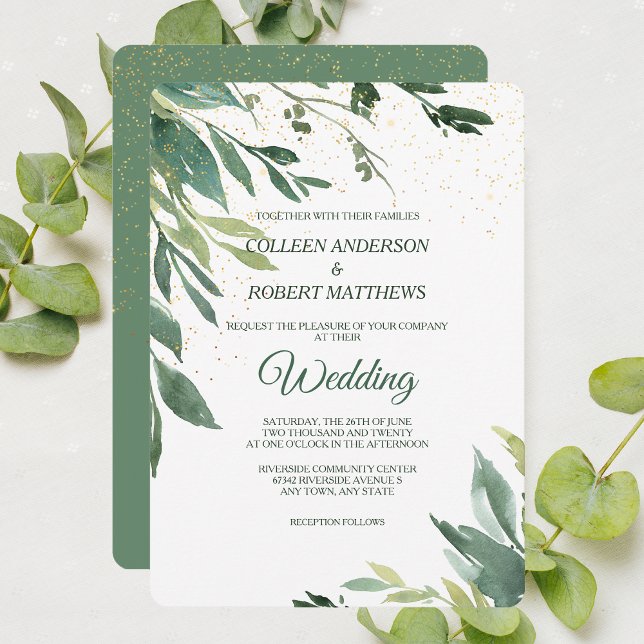 Soft Green Leaves Gold Confetti Modern Wedding Invitation (Creator Uploaded)