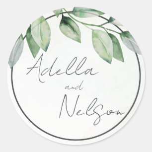 Soft Green Leaves Wedding  Classic Round Sticker