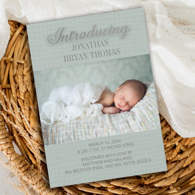 Soft Green New Baby Photo Birth Announcement (Creator Uploaded)