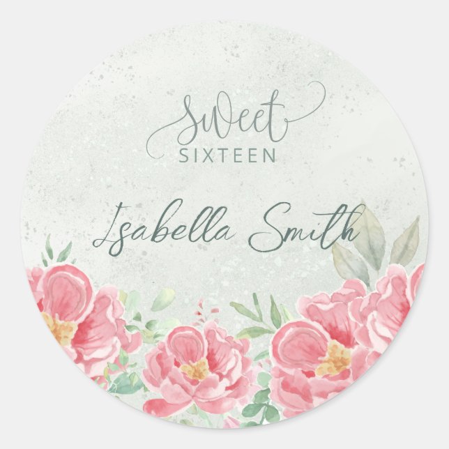 Soft Green & Pink Floral Sweet Sixteen Party Classic Round Sticker (Front)