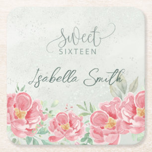 Soft Green & Pink Floral Sweet Sixteen Square Paper Coaster